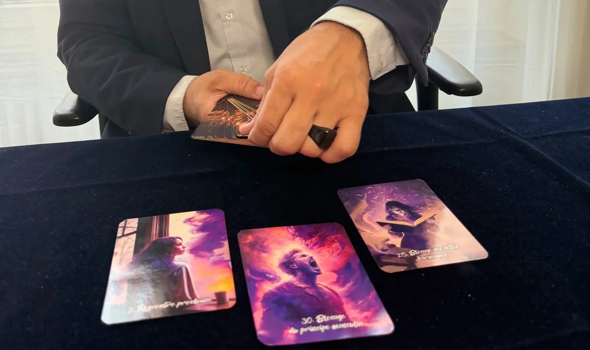 Damien réalisant un tirage de cartes dans le cadre d’une consultation