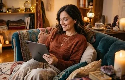 Consultante lisant des informations sur une tablette dans un intérieur chaleureux
